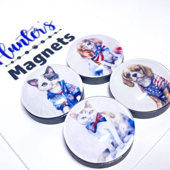 Set of 4 Glass Patriotic Cats & Dogs Magnets - Refrigerator Kitchen Whiteboard - Picture 2 of 3